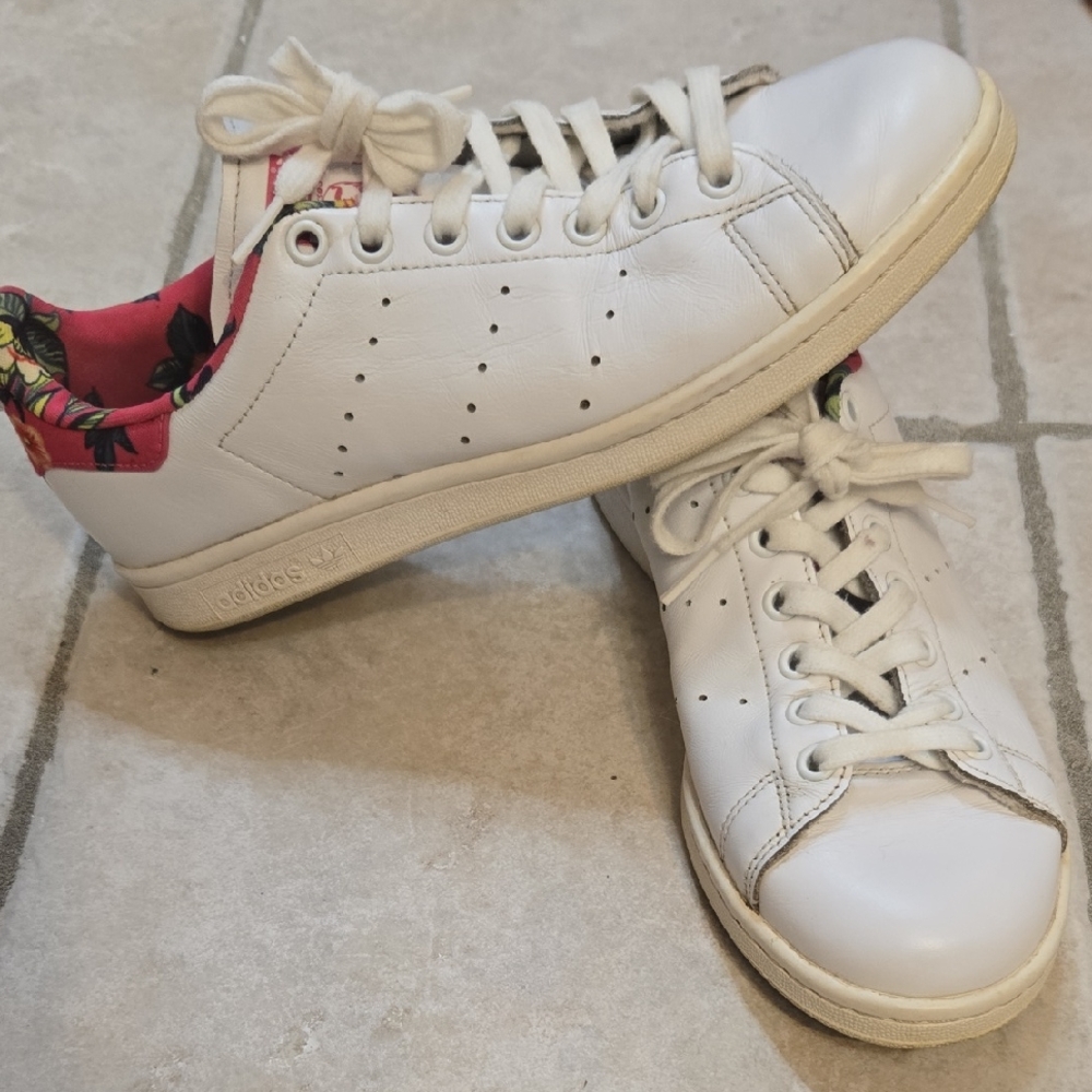 Adidas Women's White Sneakers with Pink Accents